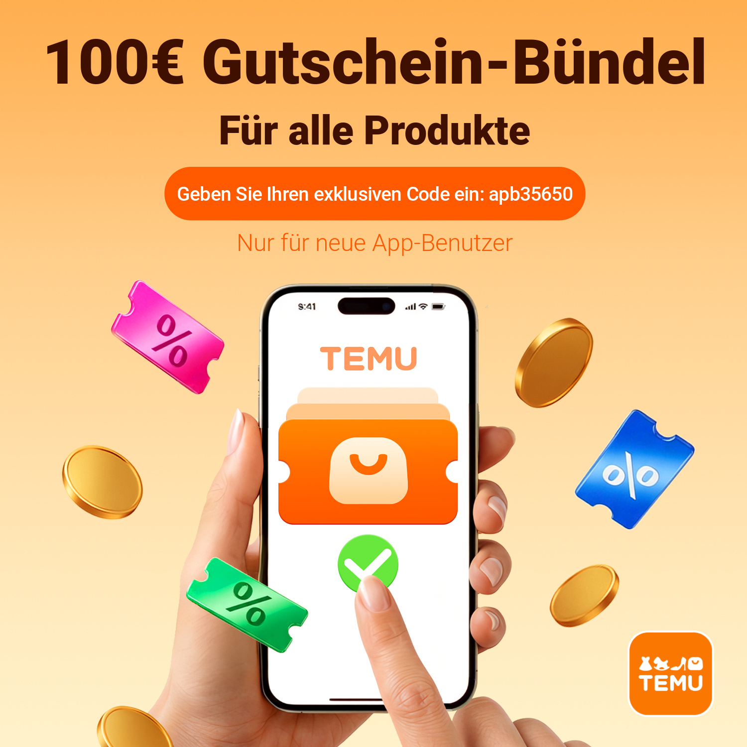 TEMU – 100 € Gutschein-Bündel für neue App-Benutzer